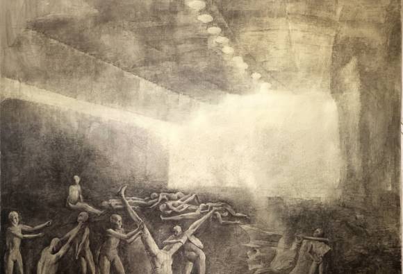 Erik Mavrič, Nižanje stroškov za večjo učinkovitost 4, 2024, 1,80 x 70 cm, oglje na mediapan in stirodur